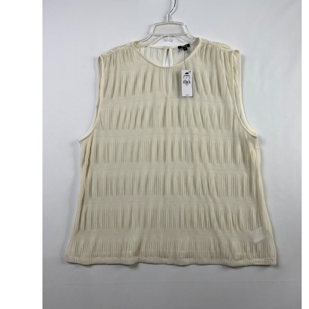Express Sleeveless Blouse Womens XL Ivory Textured Pleated Keyhole Back NEW